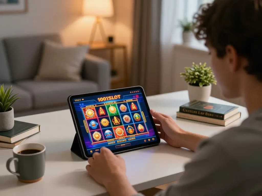 Engaging in 1001SLOT online gaming session, vibrant graphics displayed on tablet, cozy desk setup.