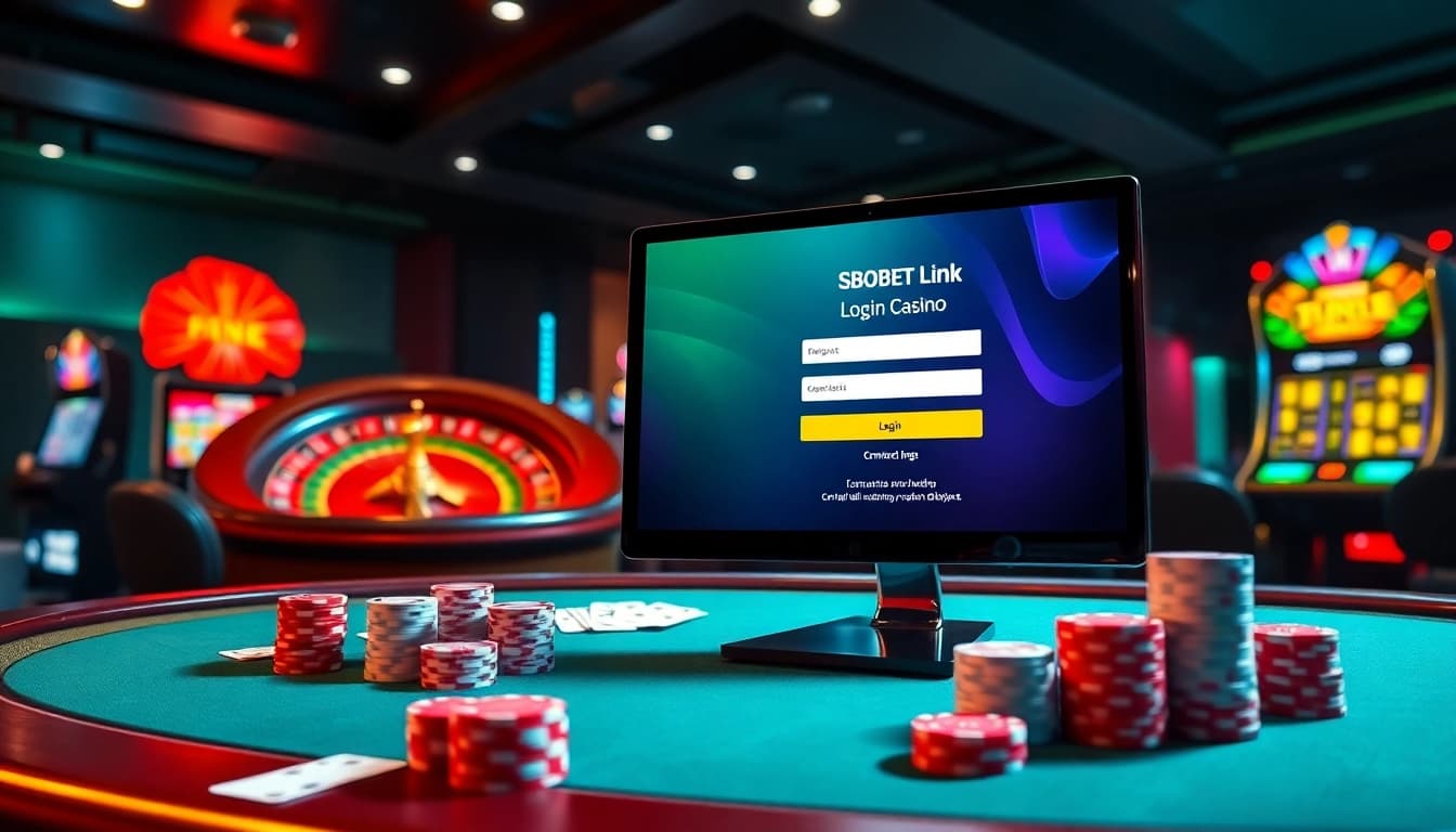 Experience sbobet link login on a luxurious gaming table with inviting slot machines and poker chips.