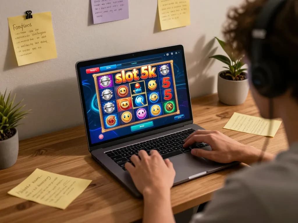 Engage with slot 5k gameplay from a laptop in a cozy home office setting.