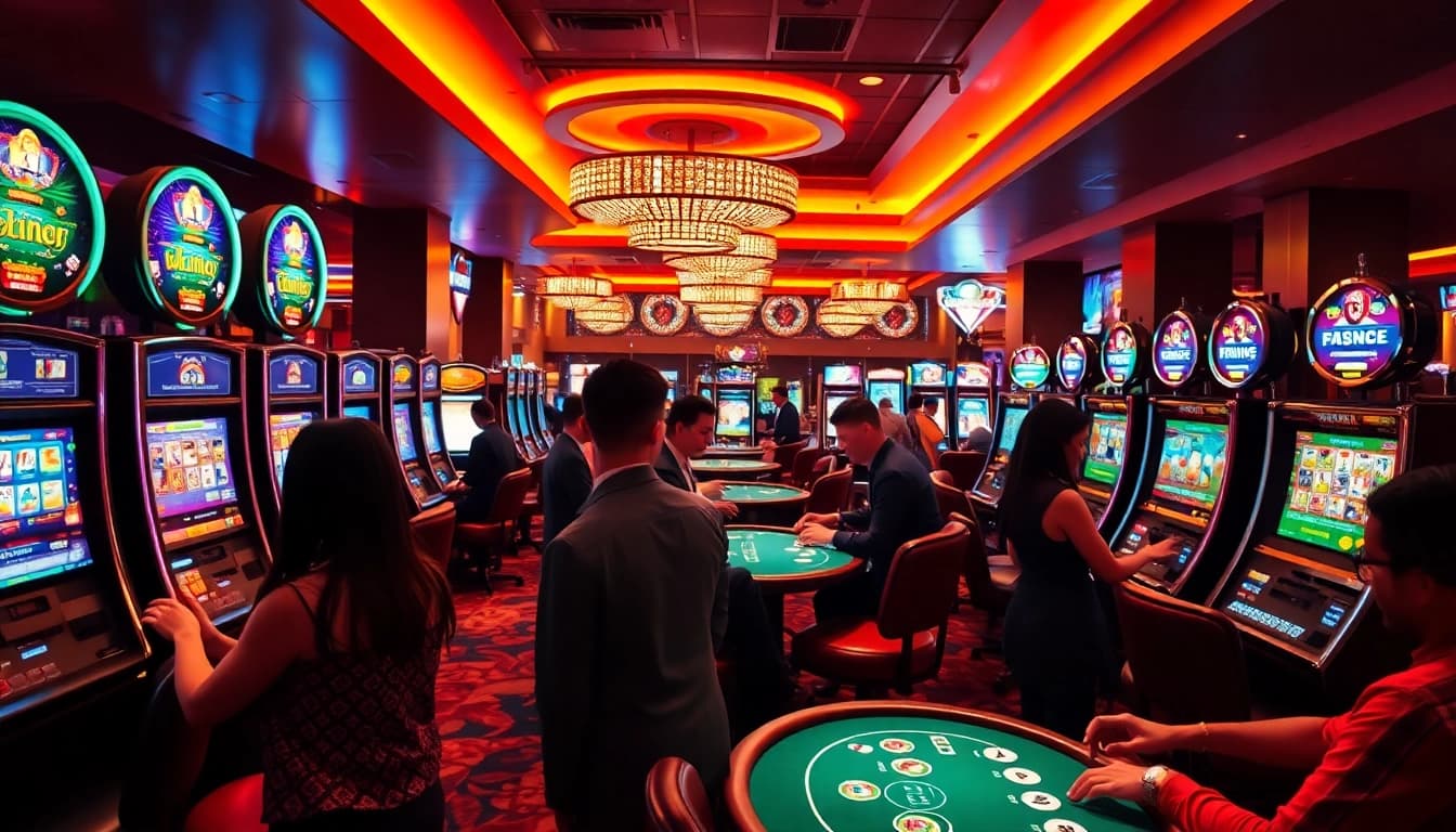 Spieler genießen casino spielen in einer modernen Spielhalle mit lebendigem Ambiente.