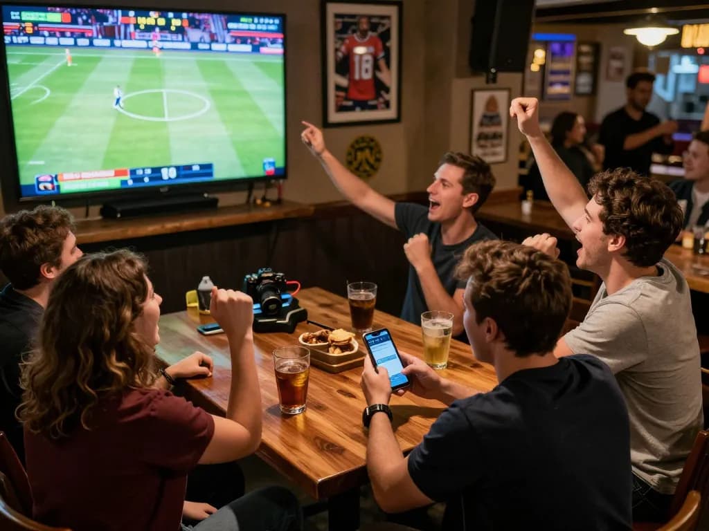 Tg88 sports betting action with friends enjoying a live game and placing bets.