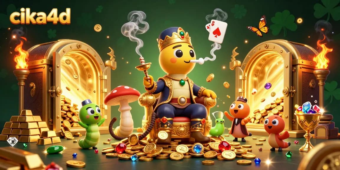 Engage with cika4d's exciting 3D illustration featuring a casino scene with vibrant characters, jewels, and symbols.