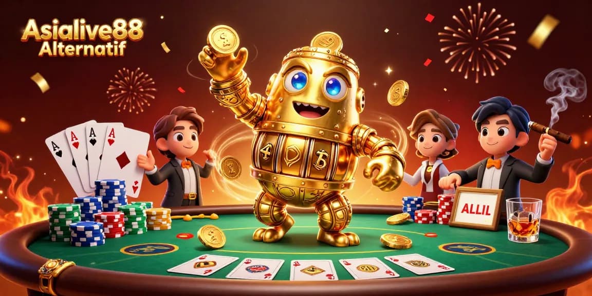 Experience thrilling action with Asialive88 Alternatif featuring a golden golem surrounded by poker elements and vibrant effects.