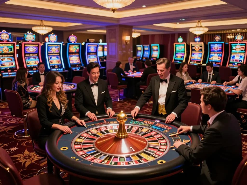 Experience the excitement at https://sc88.casino/ with players engaging around a glamorous roulette table in a vibrant casino setting.