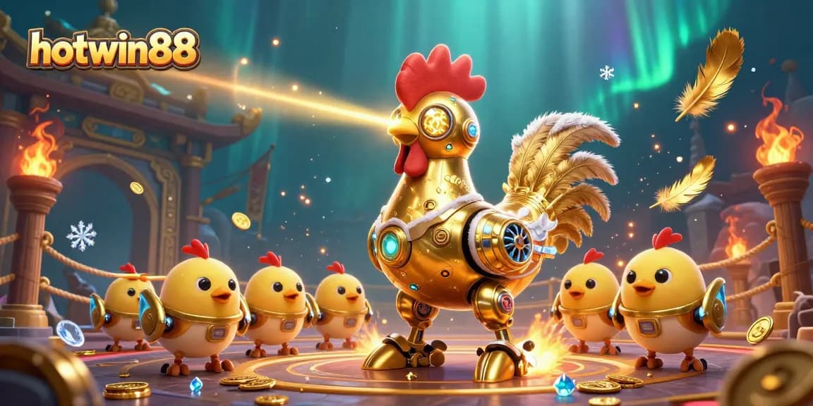 Experience the excitement with hotwin88 in this vibrant illustration featuring a futuristic golden rooster robot and dynamic casino action.