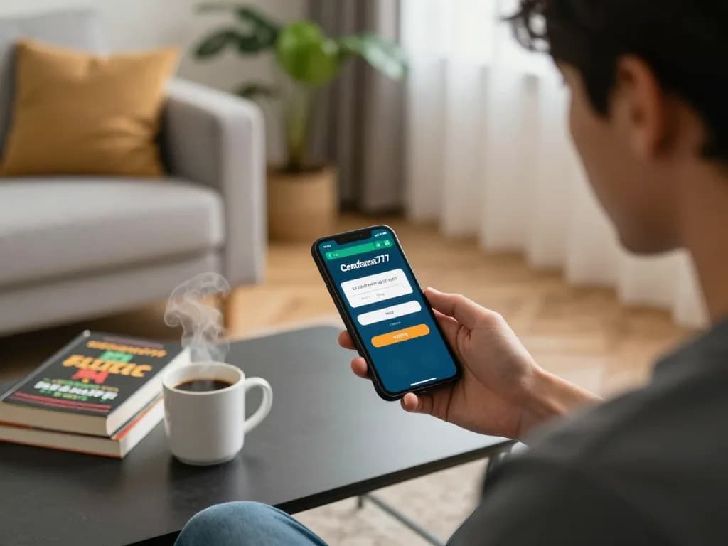 Cendana777 login action on smartphone in a cozy living room for online gambling experience.