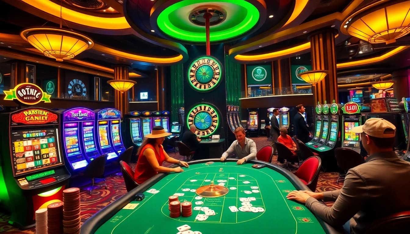 Players enjoying a thrilling poker game at https://bem88.com, surrounded by colorful slot machines and casino ambiance.