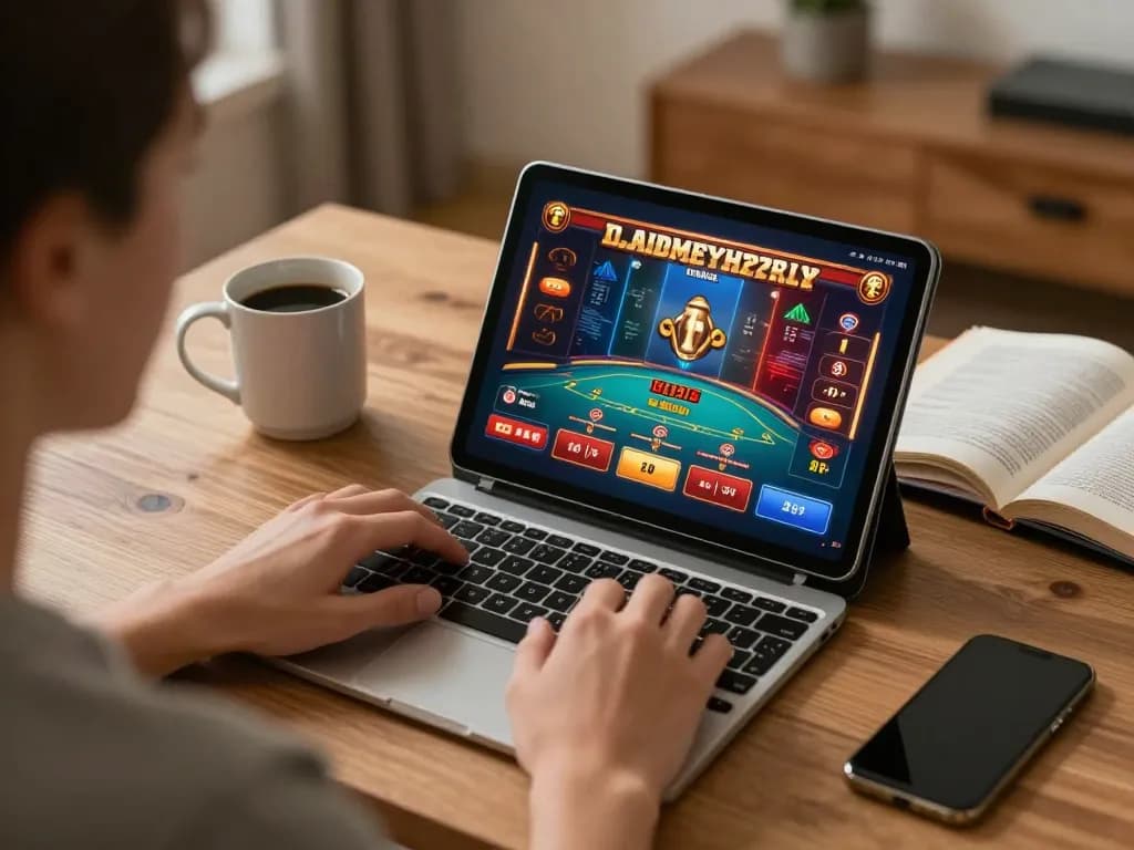 Player engaged with LV88 online games on tablet, showcasing strategic gameplay in cozy home office