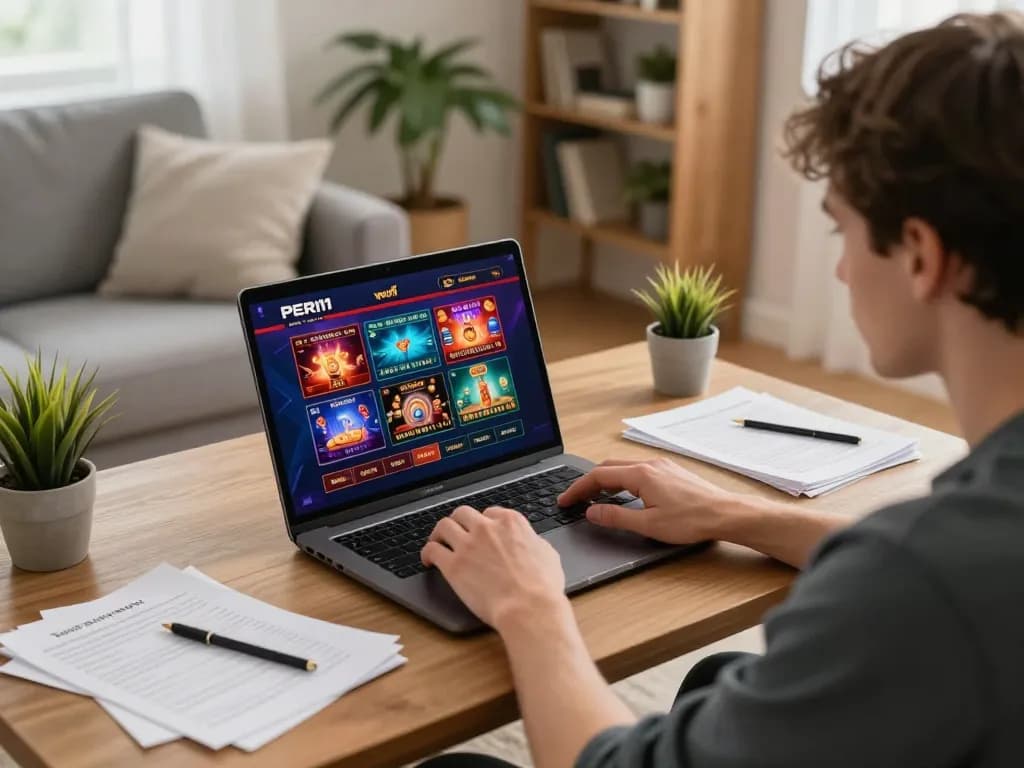 Engaging in online casino gameplay with PERI11 platform, showcasing a strategic gaming atmosphere in a cozy setting