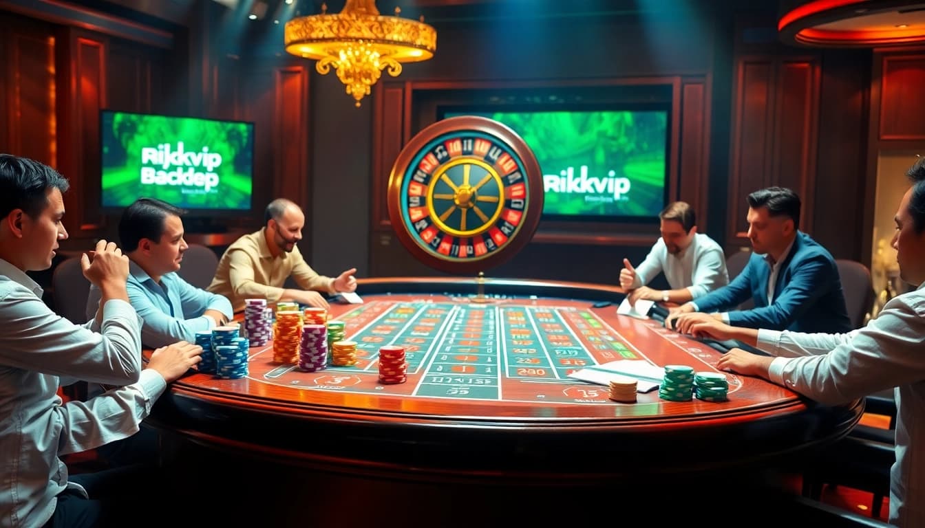 Players excitedly engaging in high-stakes gambling at Rikvip's luxurious casino table.