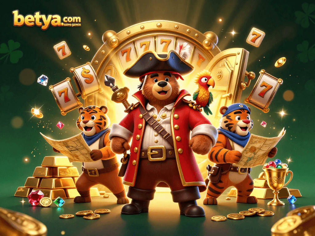 Engage with betya.com casino games featuring a pirate bear and a tiger amidst rich gaming elements and treasures.