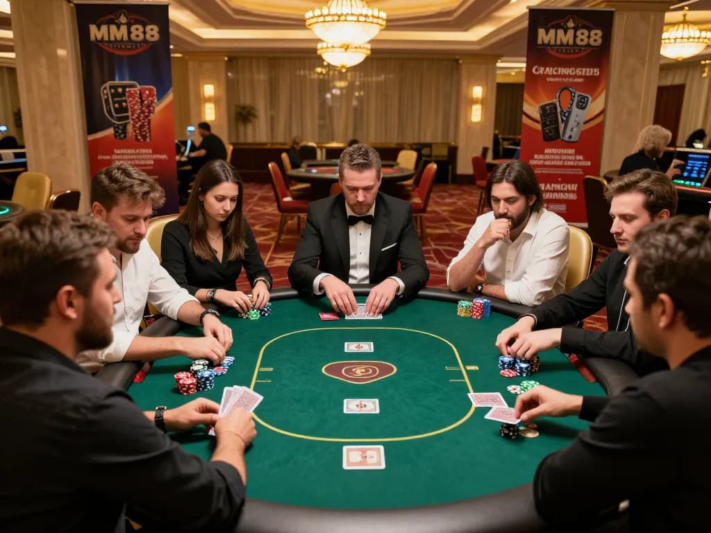 Players strategizing during an intense poker game at MM88 casino, capturing the thrill of live gambling.