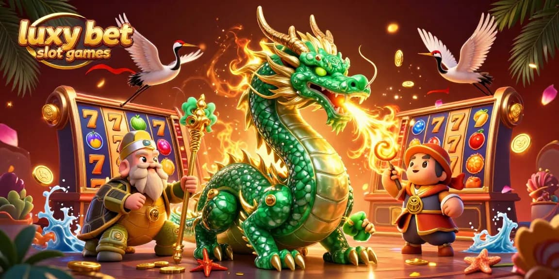 Experience the excitement of luxy bet slot games with vivid illustrations of vibrant slots, dragons, and fortune elements.