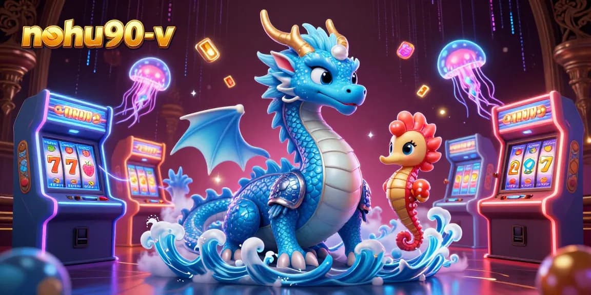 Nohu90-v entices players with a vibrant scene of joyous gameplay, showcasing a dragon and seahorse in a dynamic casino setting filled with slot reels and jackpot counters.