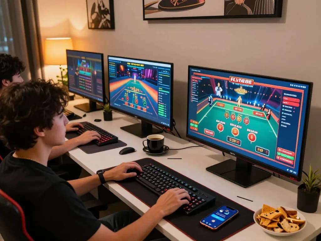 Engaging in online gaming with lclc88 on multiple screens, showcasing a dynamic home setup.