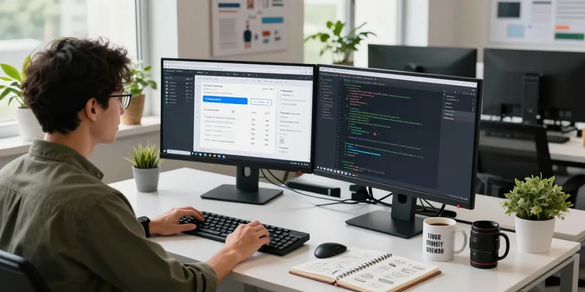 Developer bekerja dengan fokus di ruang kerja modern, mengeksplorasi halte4d melalui perangkat lunak.