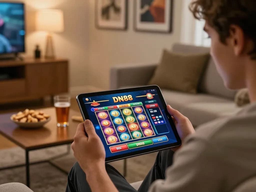 Engaging in dynamic slot gameplay on DN88 mobile platform in a cozy living room.