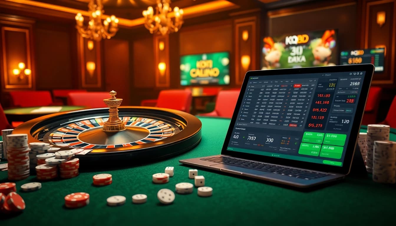 Exciting kqbd online gambling scene with casino tables, cards, and betting interfaces.