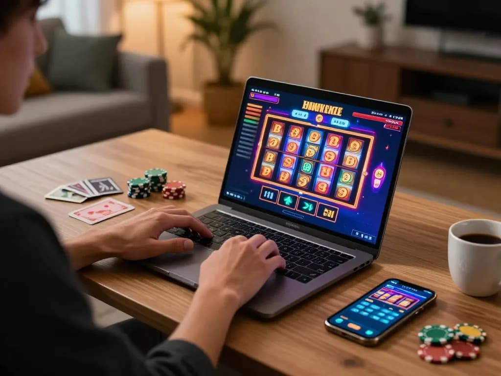 Engaged player enjoying online casino games at home with XX 88 setup, showing vibrant screen and strategic notes