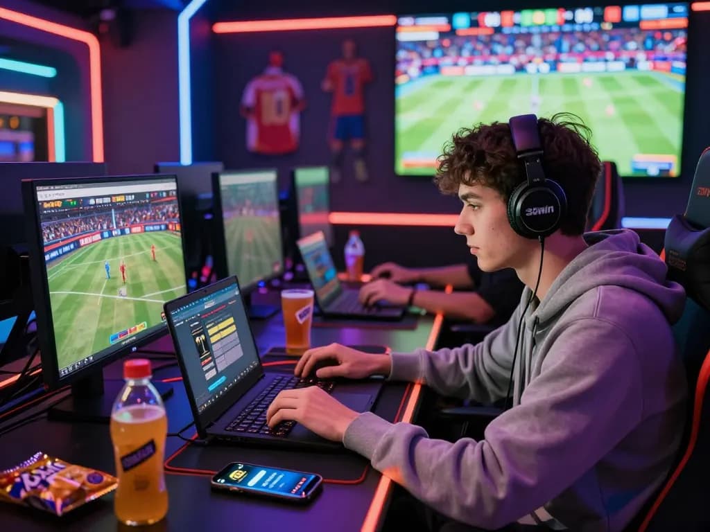 Engaged player on 32win.com in a vibrant gaming space, surrounded by tech and excitement.