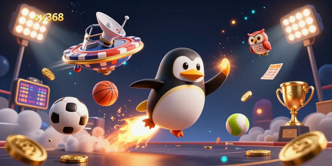 Witness the sv368 golden penguin navigating a casino universe, leaving coins behind as you explore thrilling gambling options.
