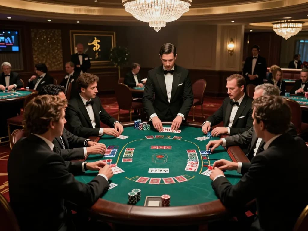 Players strategizing in a high-stakes blackjack game at a luxurious casino, highlighting the MPOID experience.