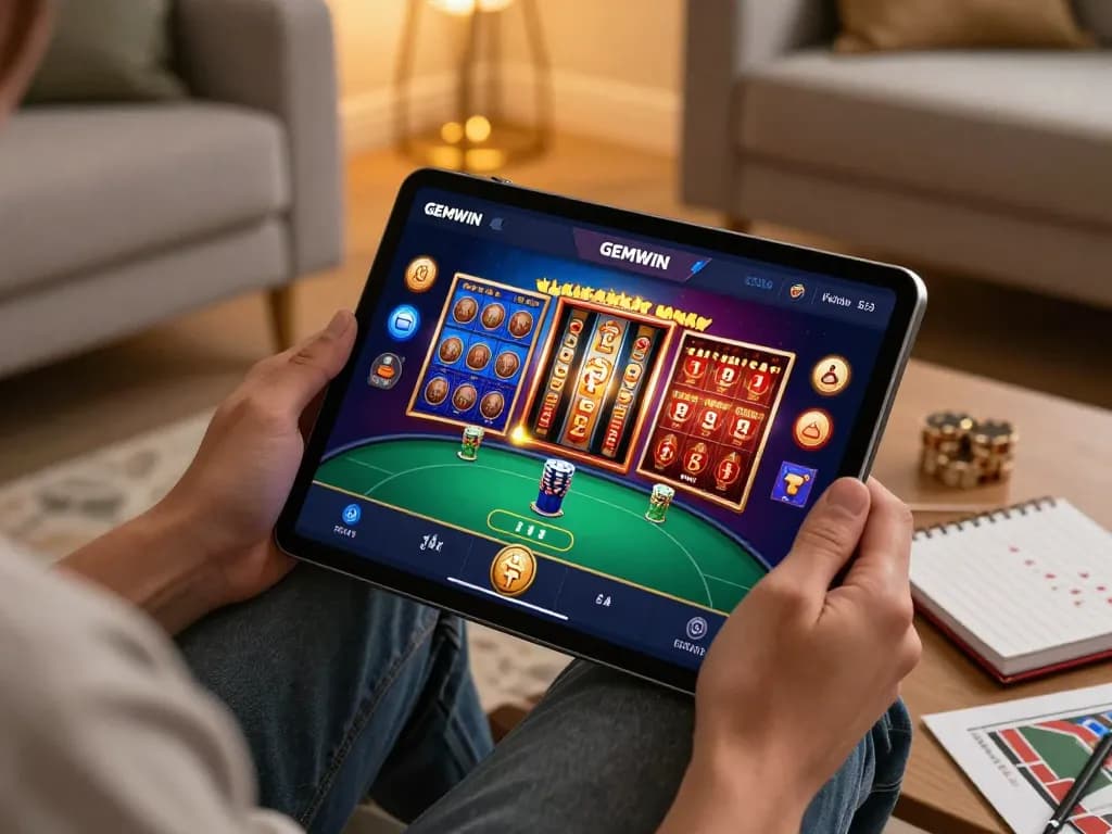 Engage with GEMWIN online at home, enjoying poker and slots in a cozy living space.
