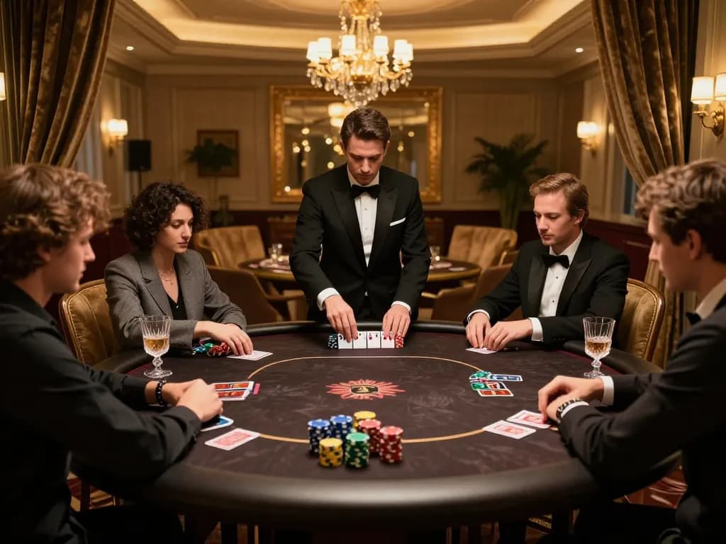 Players strategize in an upscale poker game at XX88, showcasing chips and cards in a VIP room.