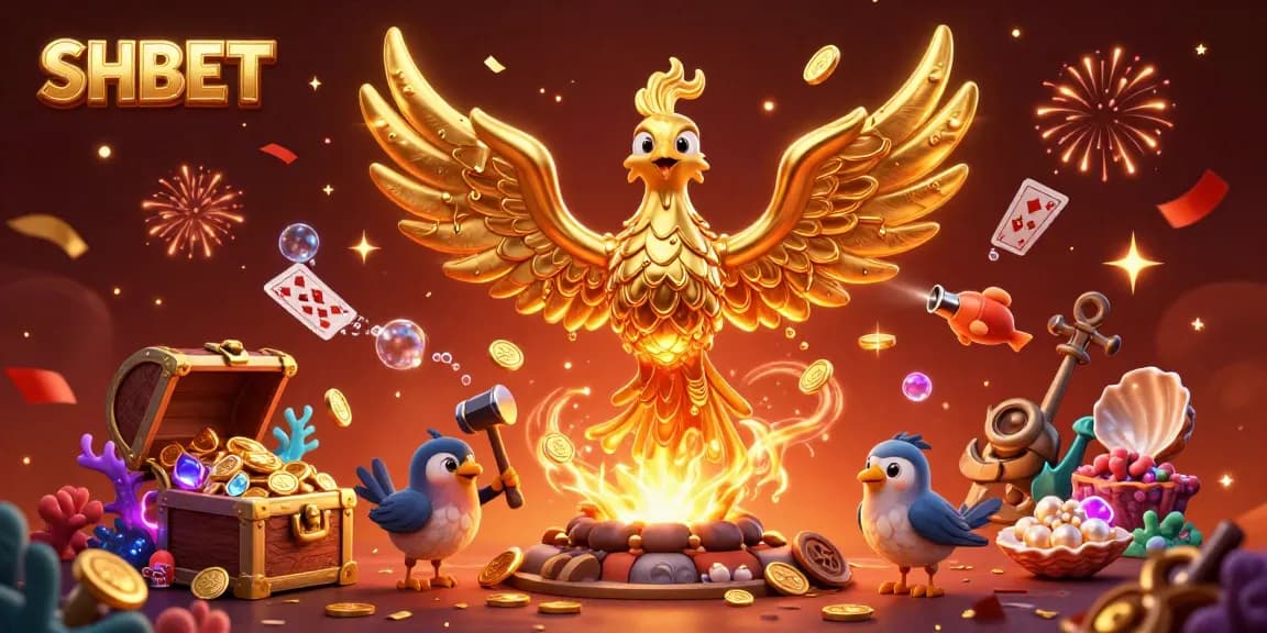 Engage with SHBET's vibrant casino offerings, showcasing a mystical phoenix amidst treasures and games.
