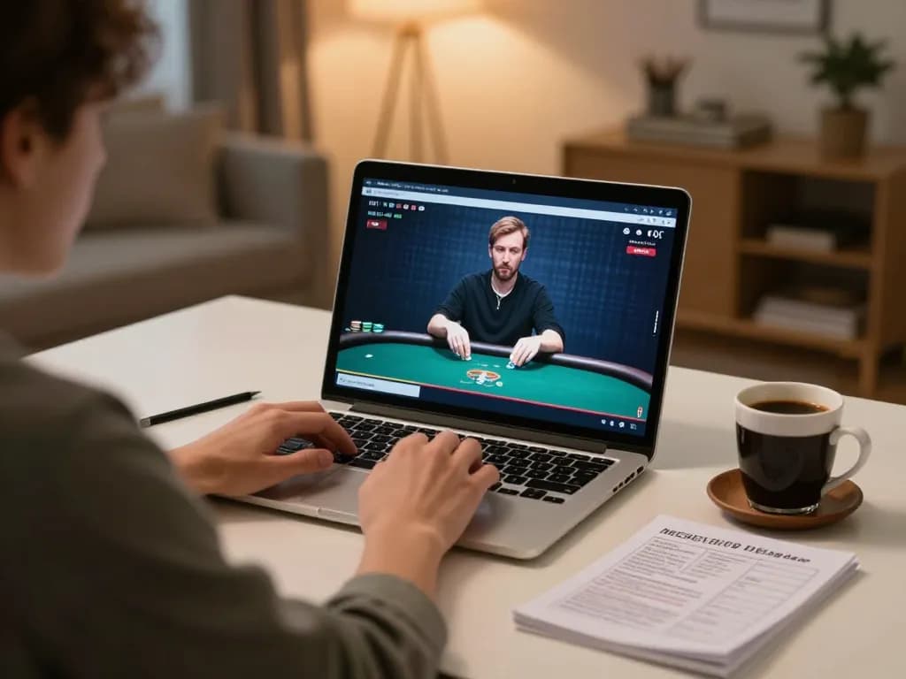 Xo88 player engaging in an online poker game at home, demonstrating strategic gameplay with a laptop and notes.