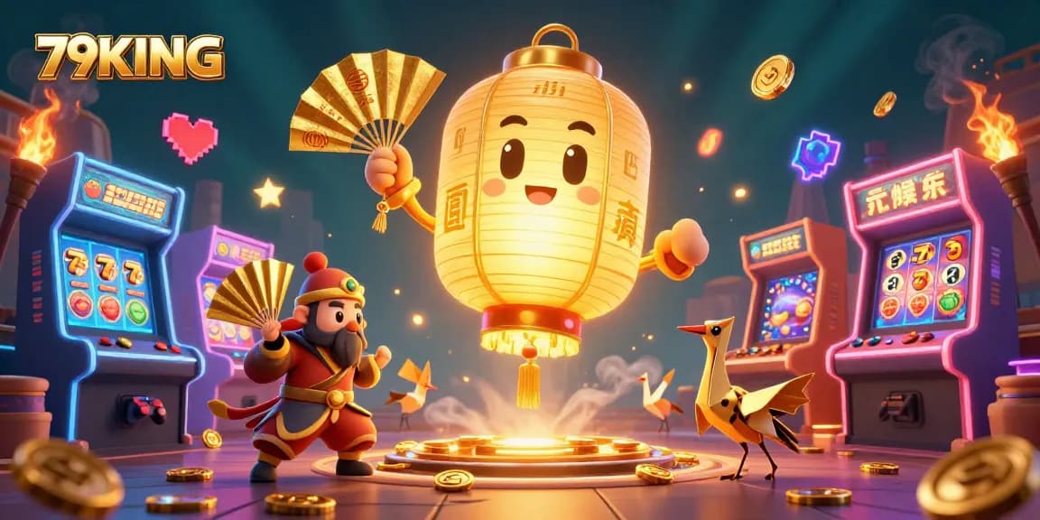 Engage with the vibrant 79KING gaming world, featuring slot elements and a colorful casino scene.