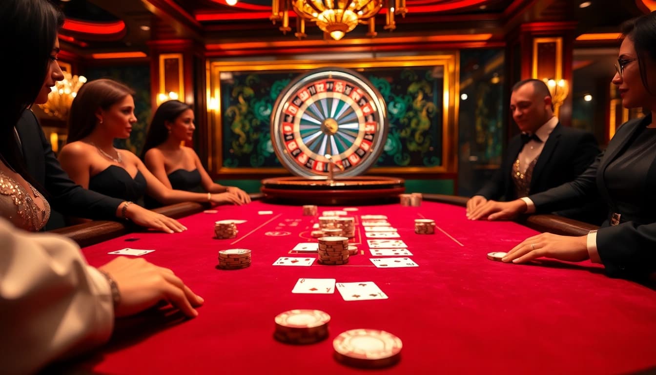 Experience the excitement of TG88 casino with vibrant gambling visuals of poker and roulette.