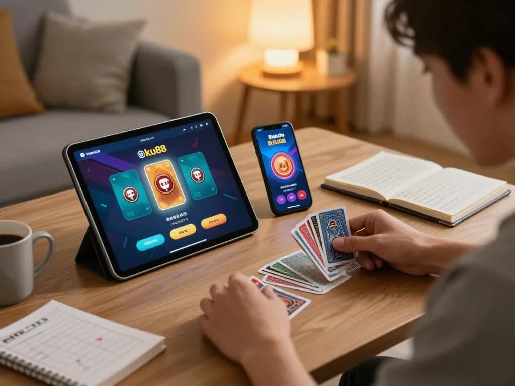 ku88 player strategizing during an online casino session in a cozy home environment