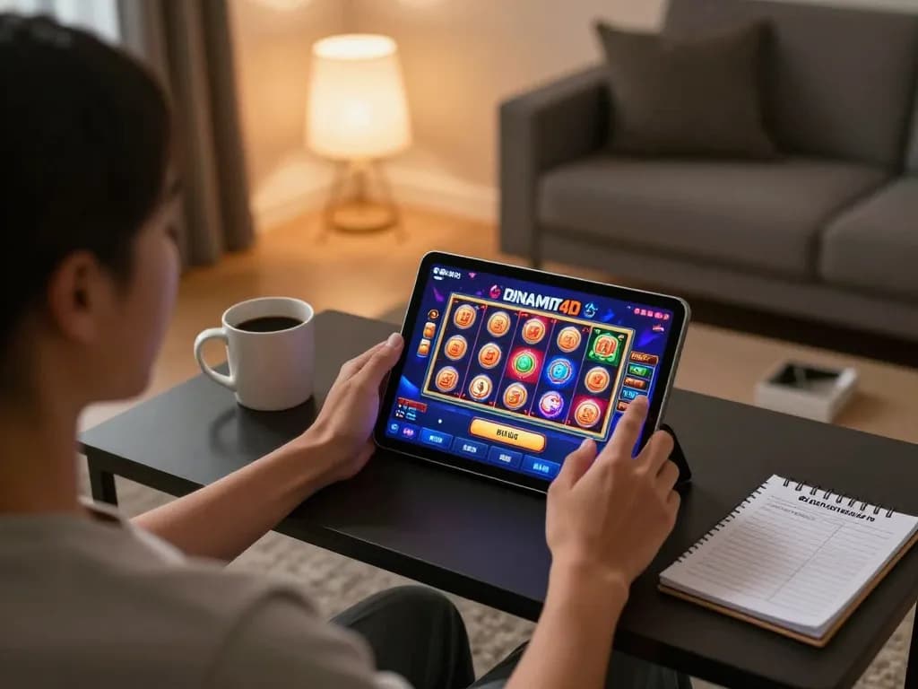 Engaging with dinamit4d online slot game on tablet in cozy home setting