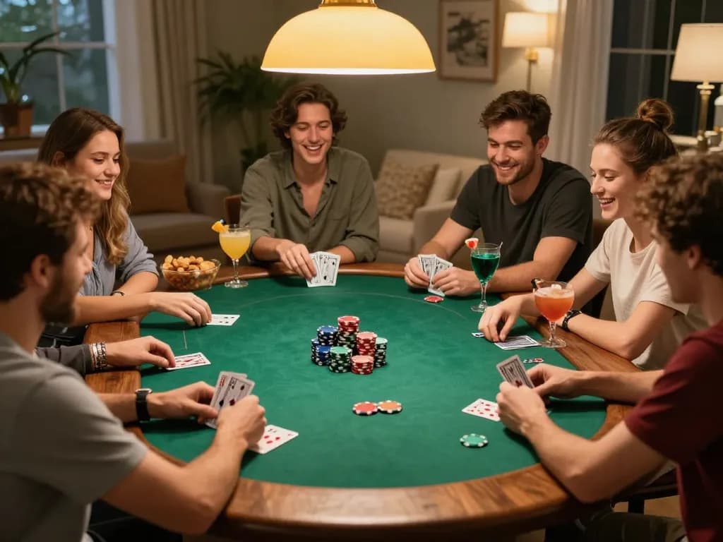 F168 players strategizing in a competitive home poker game with colorful chips and warm lighting.