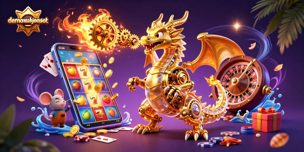Engage in thrilling gameplay with demomahjongslot and captivating 3D illustrations of dragon and slot elements.