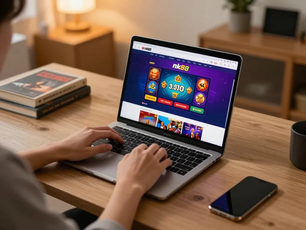 Engaging with nk88 online casino on laptop while enjoying a cozy home atmosphere.