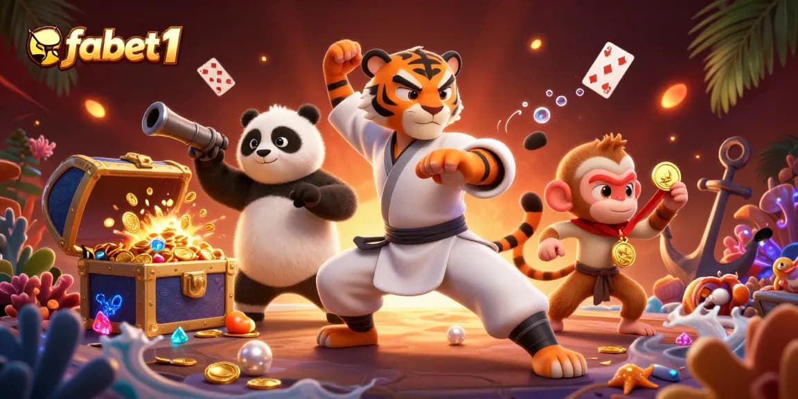 Join fabet1's thrilling adventure with cartoon characters in vibrant casino-themed scene rich with gems.