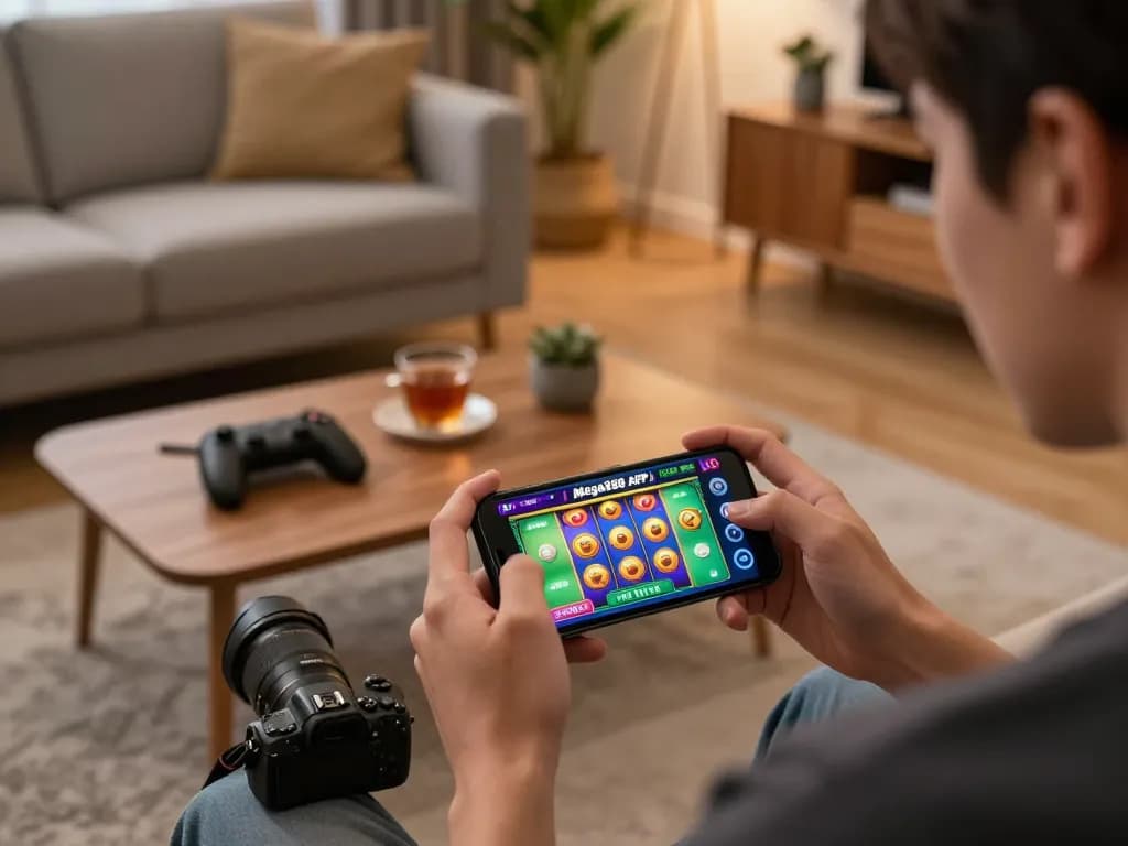 Mega888 APK displayed on smartphone during mobile gaming session in cozy home