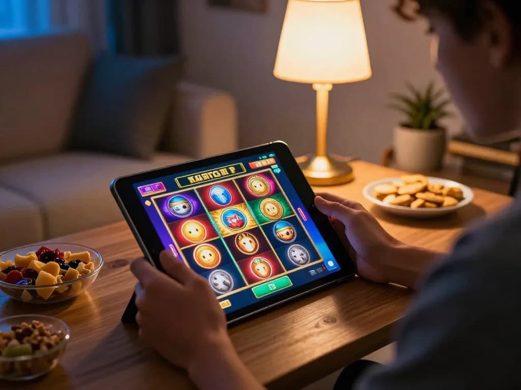 Engaging in kdslot gameplay on a tablet in a cozy home setting with snacks around