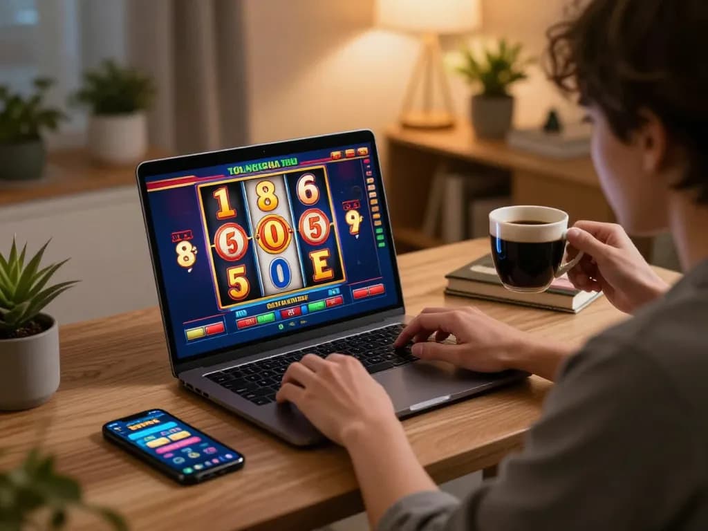 Person enjoying online slots at home on LIGALGO, showcasing vibrant winning scenes on laptop.