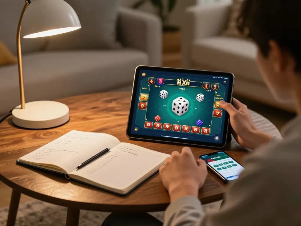 Tài Xỉu gameplay displayed on a tablet in a cozy home setup, fostering strategic engagement and responsible gambling.