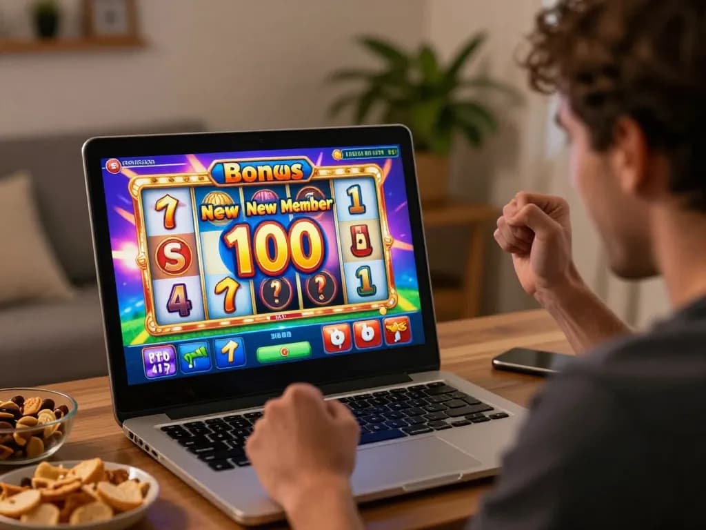 Player celebrating a win while playing slots with bonus new member 100 in a cozy home setting.