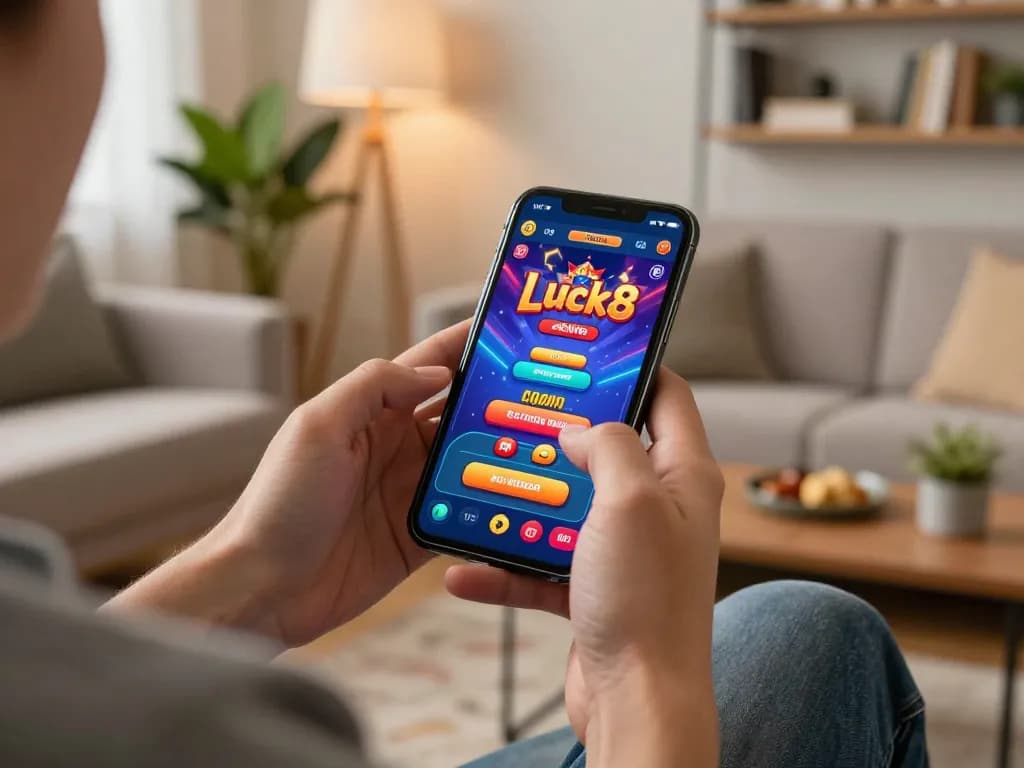 Luck8 player enjoying mobile gaming experience with vibrant app interface in cozy atmosphere.