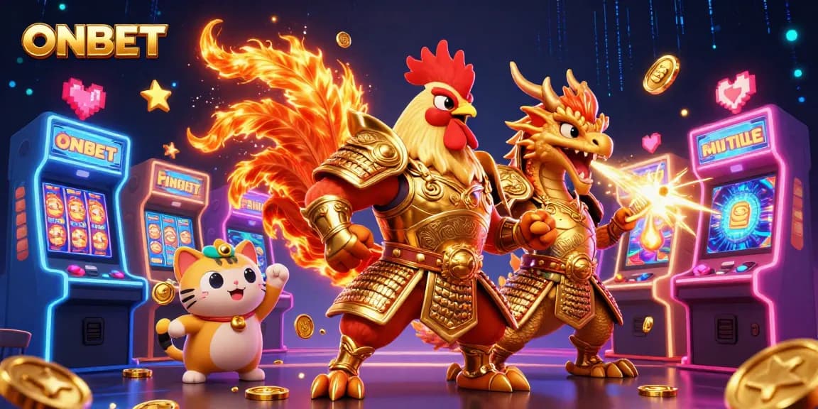 Engage with ONBET's vibrant casino scene featuring a fearless rooster samurai and a dragon hatchling amidst dynamic game elements.