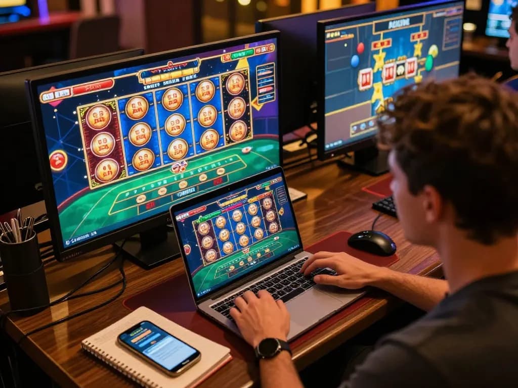 Engaged player enjoying red88 online slots while tracking betting strategy on laptop.