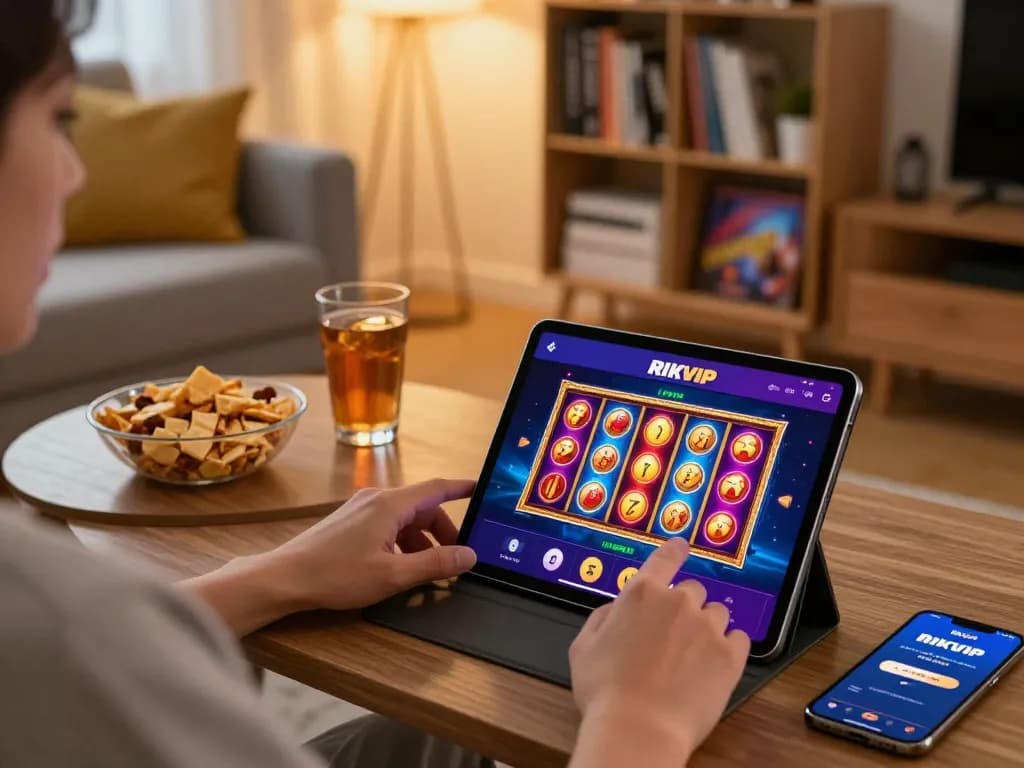 Person enjoying RIKVIP online gaming experience on a tablet in a cozy home setting.