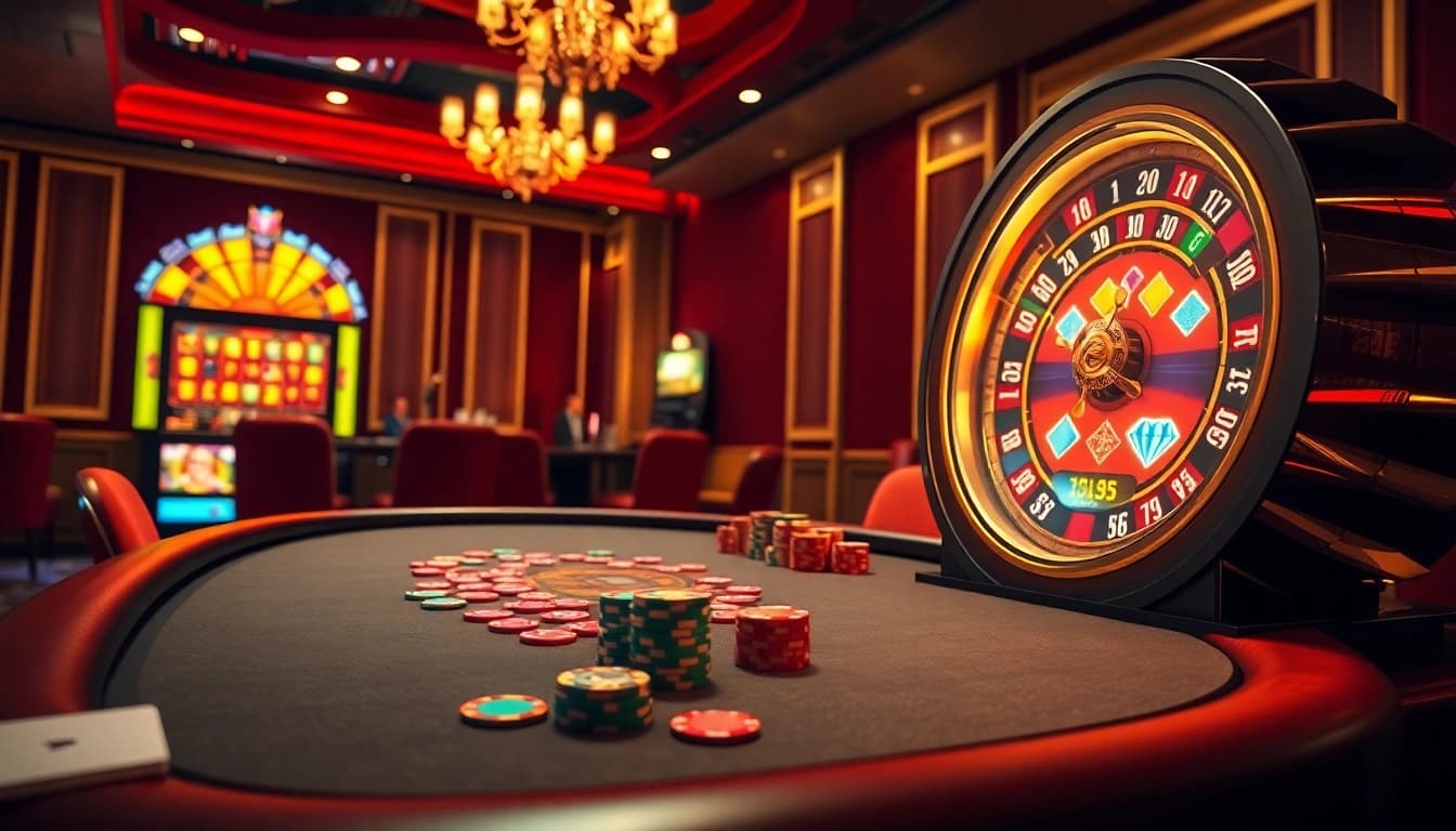 LUCK8 casino scene featuring players at a poker table with vibrant chips and a roulette wheel.