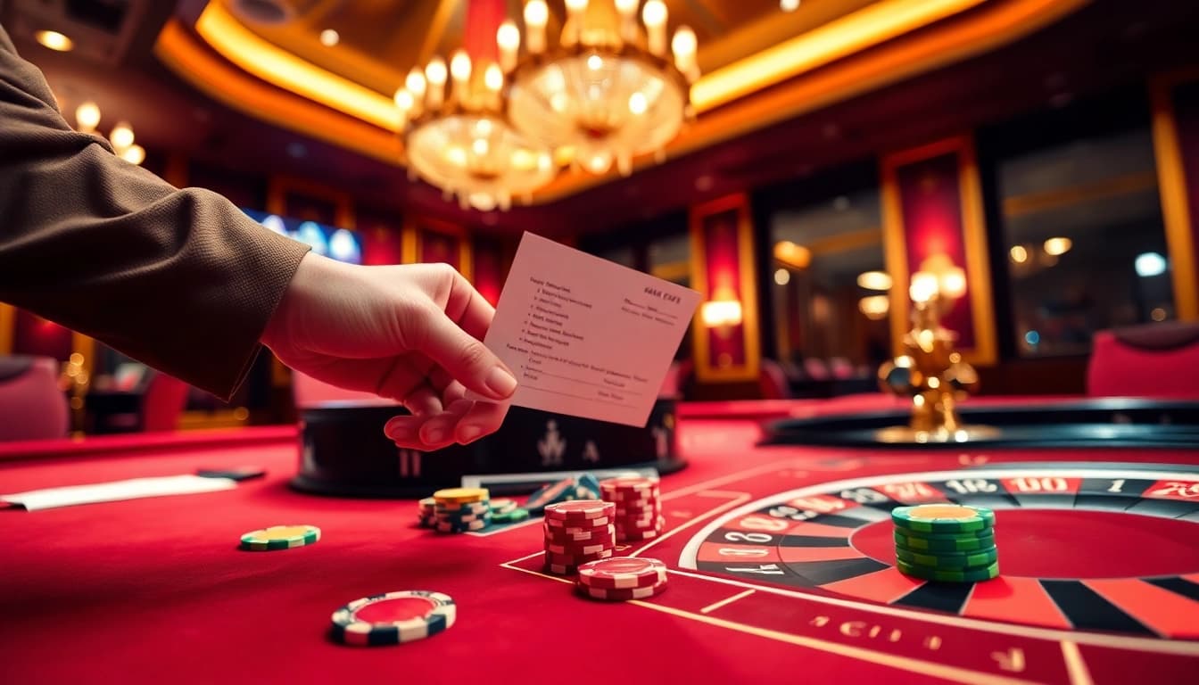 Engaging scene of sbobet login indonesia at a luxurious casino, featuring casino tables and betting slips.