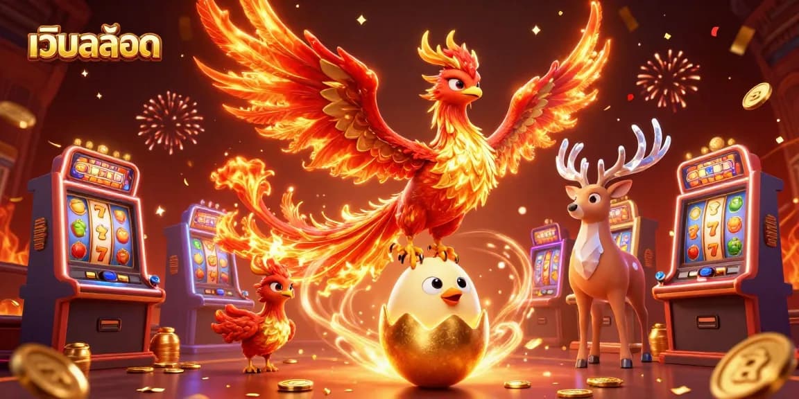 Experience thrilling เว็บสล็อต action with vibrant slot machines, a soaring phoenix, and sparkling coins.